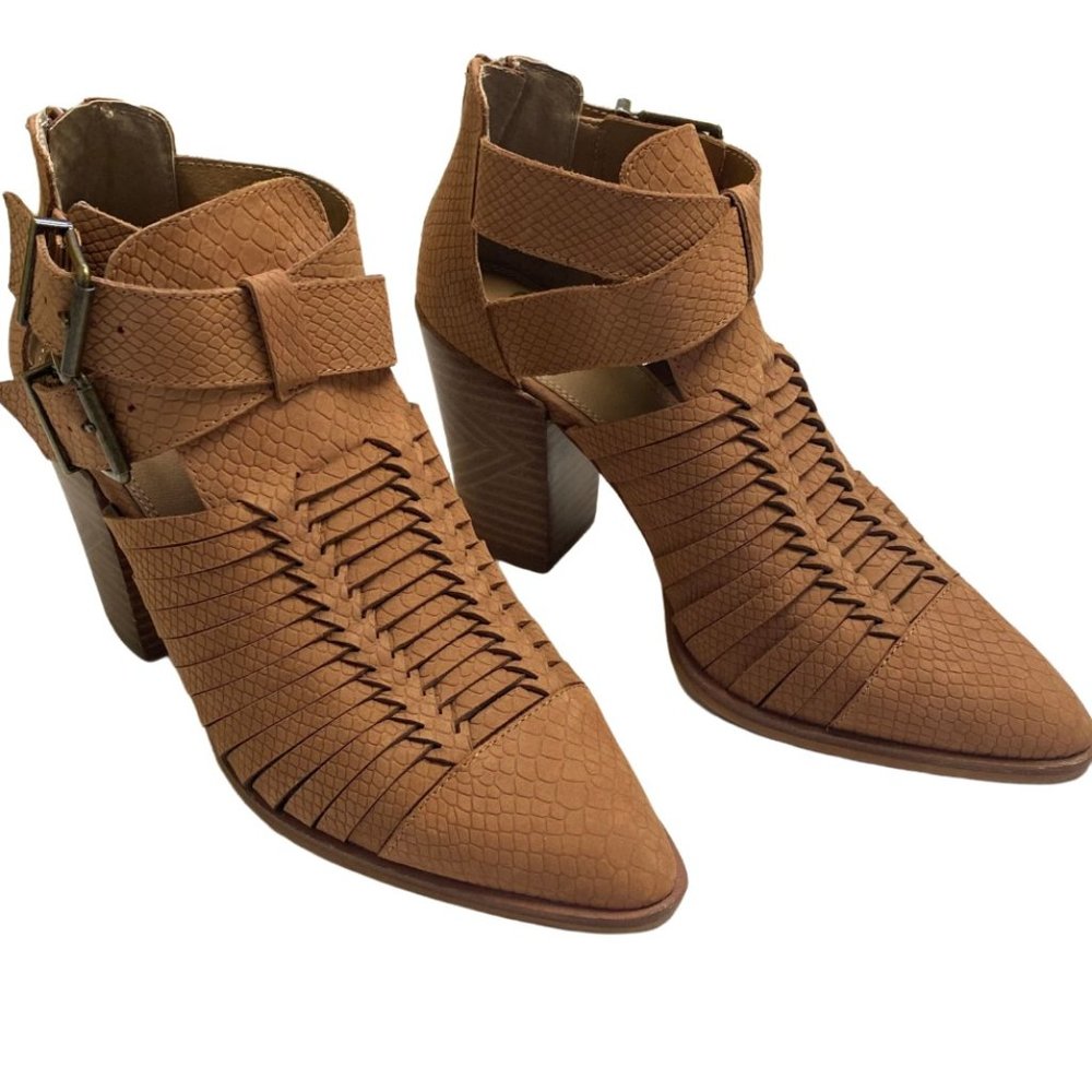 GB Wrapped Up Strappy Cut Out Brown Suede Heeled Booties